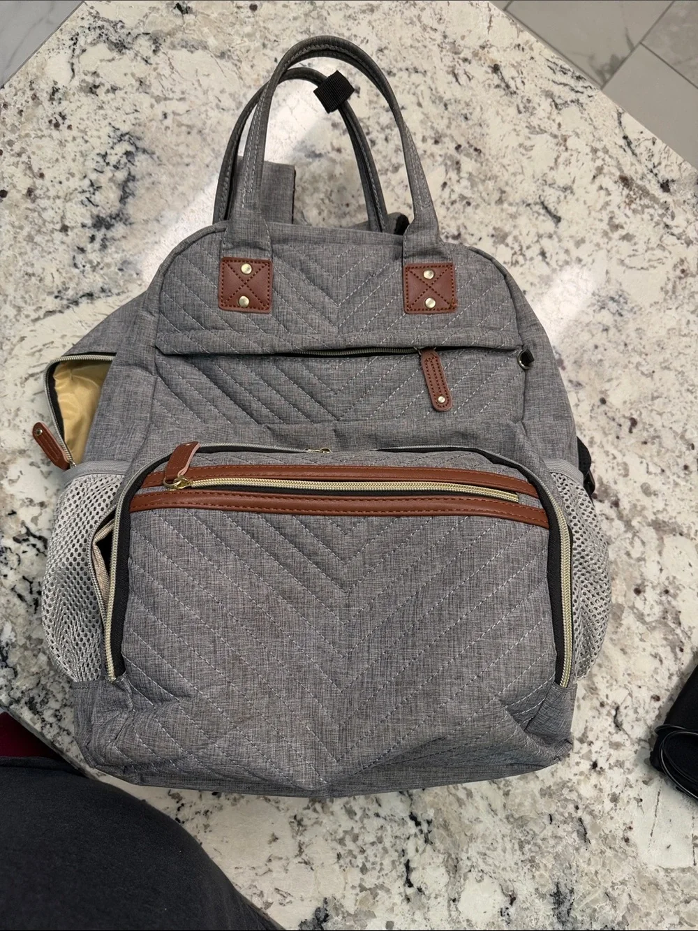 Gray Quilted Diaper bag with bottle warmer